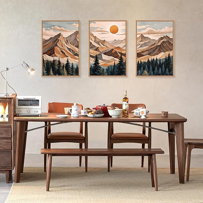KAIRNE Mountain Framed Wall Art Set of 3, Wooden Mountain Forest Wall Decor, Boho Pine Tree Landscape Wall Painting, Woodcut Wilderness Scenery Art Prints for Living Room, Bedroom, Office -24"x36"