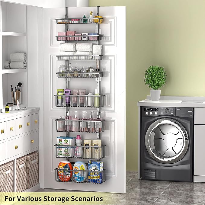 Moforoco Over The Door Pantry Organizer, Pantry Door Organizer Shelves, Kitchen Organizers and Storage, Hanging Basket Wall Spice Rack Seasoning Shelves, Laundry Room Bathroom accessories（Black