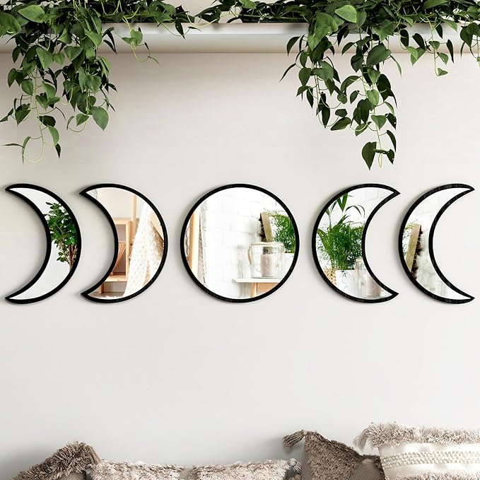 Stylish Moon Phase Wall Mirrors Set – 5-Piece Decorative Acrylic Bohemian Mirrors for Home Decor, Living Room & Bedroom Room(Black)