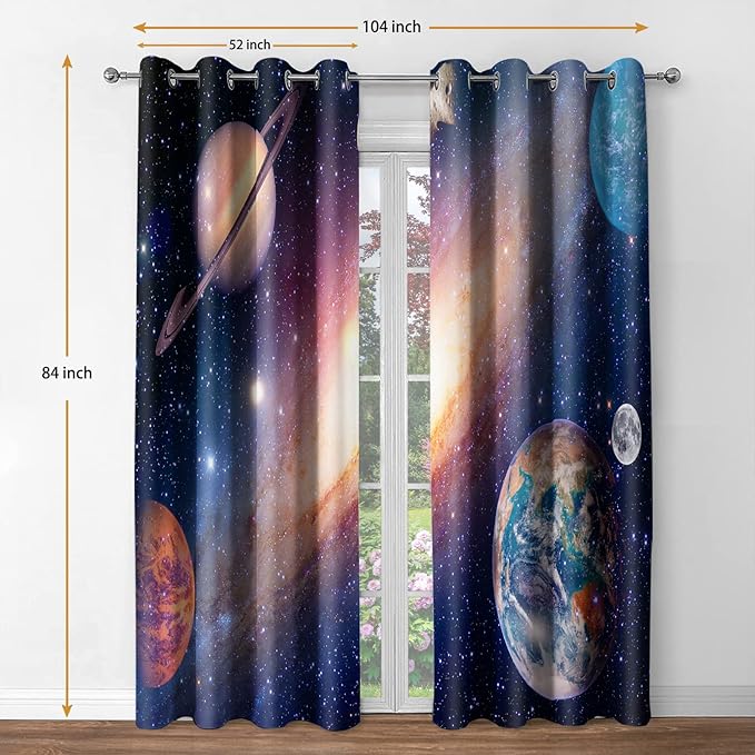 Jekeno Galaxy Planet Blackout Curtains Outer Space Universe Nebula Stars Starry Sky Decor for Kids Boys Bedroom Living Room Darkening Grommet Window Drapes 2 Panel Set, 52"x84"