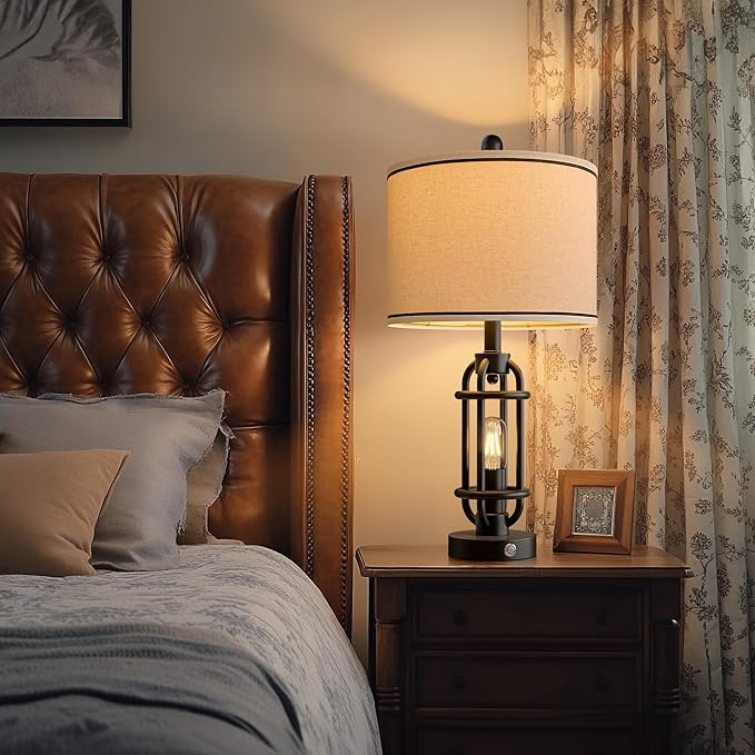 24'' Table Lamps for Living Room Bedroom Set of 2 Industrial Touch Lamp with USB A+C Ports, Night Light Farmhouse Vintage Nightstand Bedside Lamps for Night Stands Metal Black, Bulbs Included