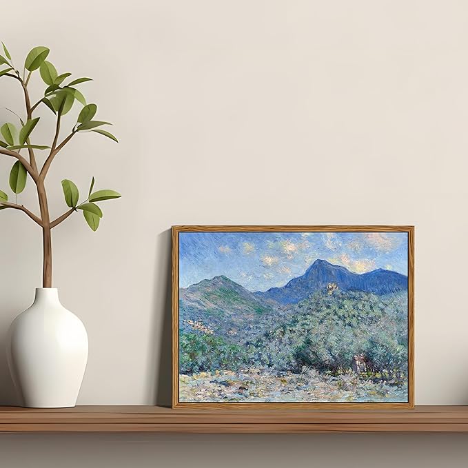 Vintage Framed Monet Wall Art – Impressionist Blue Green Forest Oil Painting Canvas Prints – Tranquil Nature Hillside Landscape Aesthetic Wall Decor for Living Room Bedroom Bathroom – 8"x10"