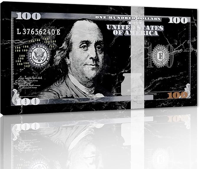 Modern Home Office Artwork Motivational Framed Benjamin Franklin 100 USD Dollar Artwork Black and White Nordic Western Paintings for Living Room Bedroom Wall Decor Wooden Framed Easy to Hang-40"Wx20"H