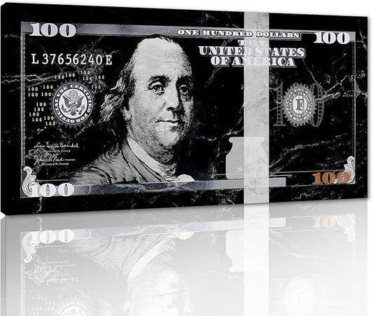 Modern Home Office Artwork Motivational Framed Benjamin Franklin 100 USD Dollar Artwork Black and White Nordic Western Paintings for Living Room Bedroom Wall Decor Wooden Framed Easy to Hang-40"Wx20"H