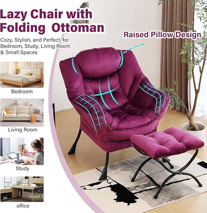 Lazy Chair with Ottoman, Modern Chair with Folding Footrest, Lounge Accent Chair, Comfortable Reading Chair (Velvet Dark Purple)