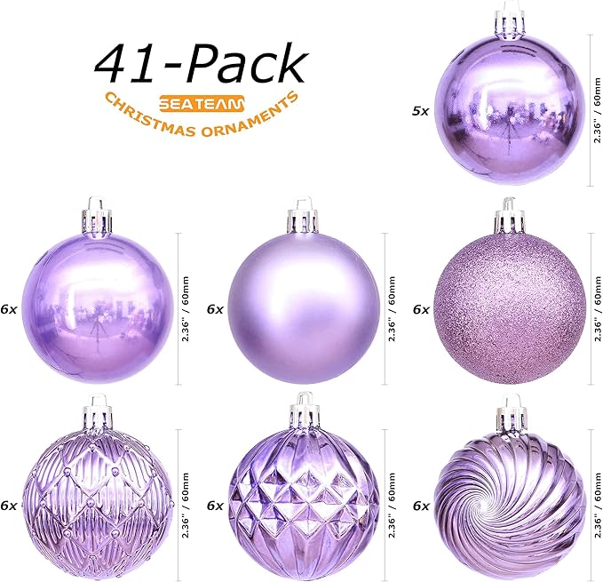 Sea Team 41-Pack Christmas Ball Ornaments with Strings, 60mm/2.36-Inch Medium Size Baubles, Shatterproof Plastic Christmas Bulbs, Hanging Decorations for Xmas Tree, Holiday, Wedding, Party, Lavender