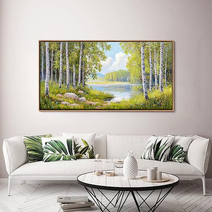 Forest & Mountain Wall Art Green Framed Nature Landscape Pictures for Living Room, Bedroom & Office Large Paintings Wall Decor Tree, Lake, and Mountain Artwork for Wall Decor 20x40IN
