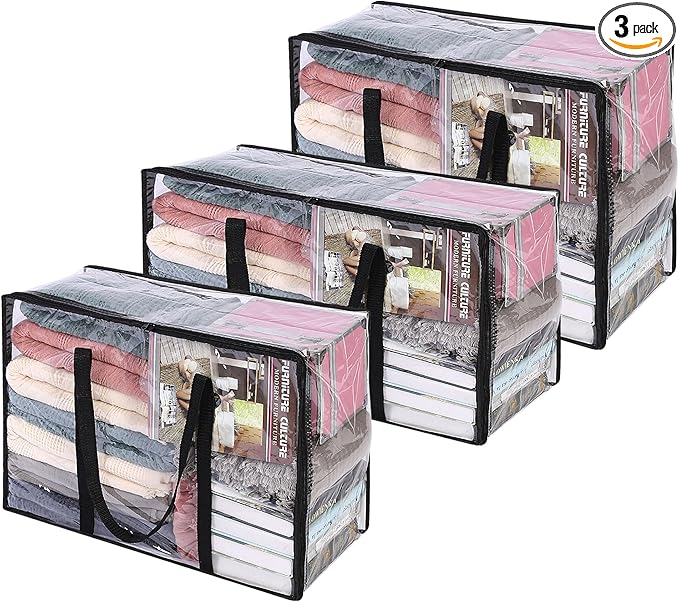 Vieshful 3 Pack 40L+60L+90L Clear Clothes Storage Bag, Zippered Closet Organizer, Plastic Storage Containers Moving bags for Comforter, Blanket, Bedding, Duvet, Toys