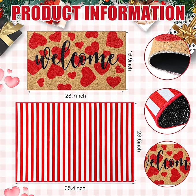 2 Pcs Valentines Welcome Door Mat Heart Outdoor Welcome Mats for Front Door Non Slip Heart Coir Floor Mat Red White Stripe Valentines Rug for Outside Front Porch Entryway Decor