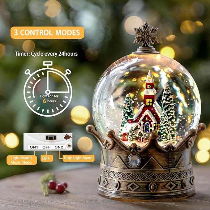 Christmas Snow Globe Lantern Water Glittering Churche Crown with Music, USB Lined/Battery Operated Lighted Lantern for Christmas Festival Decoration Gifts