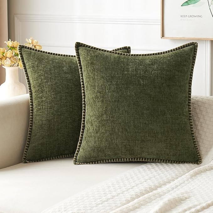 MIULEE Pack of 2 Couch Throw Pillow Covers 20x20 Inch Olive Green Farmhouse Decorative Pillow Covers with Stitched Edge Soft Chenille Solid Dyed Spring Pillow Covers for Sofa Bed Living Room