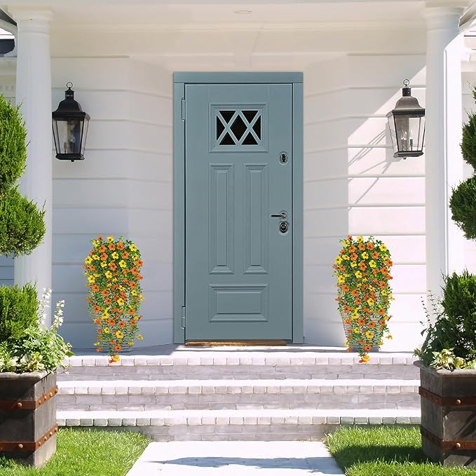 4 Pcs Fall Artificial Hanging Flowers for Outdoors,Fake Hanging Plants,Artificial Mums for Outdoors,Fall Decorations for Home,Outdoor Fall Decor(Orange&Yellow)