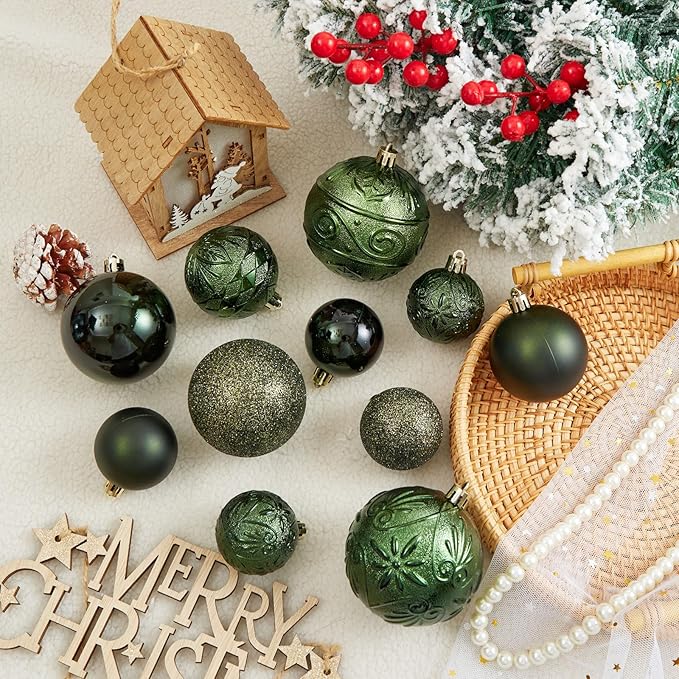 Wironlst Christmas Ball Ornaments - 30pcs Shatterproof Plastic Christmas Ornaments Hanging Ball Decorations for Xmas Tree, Holiday, Wedding, Party (Multi-Size, Dark Green)