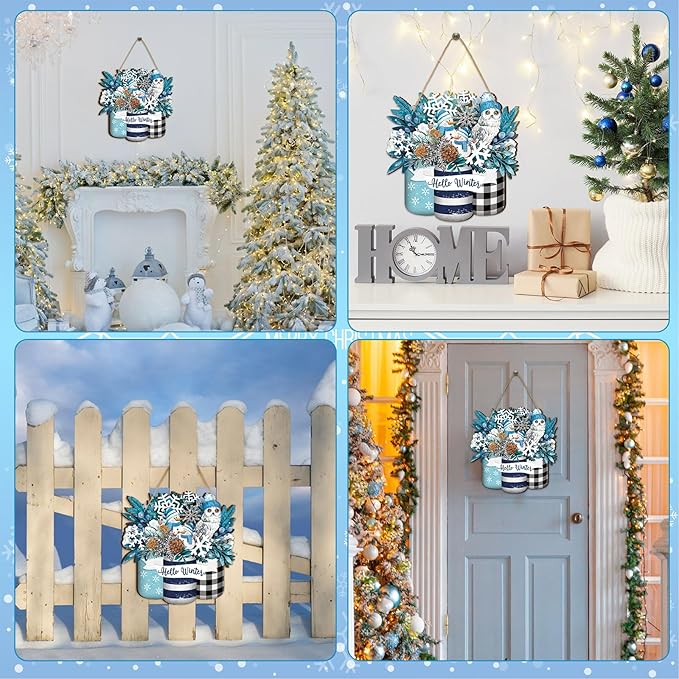 Spiareal Winter Welcome Sign Wood Blue White Silver Front Door Decor Winter Hanging Sign Outdoor Wooden Wreath Decorations for Farmhouse Porch Front Door Decor (Blue White Silver Style)