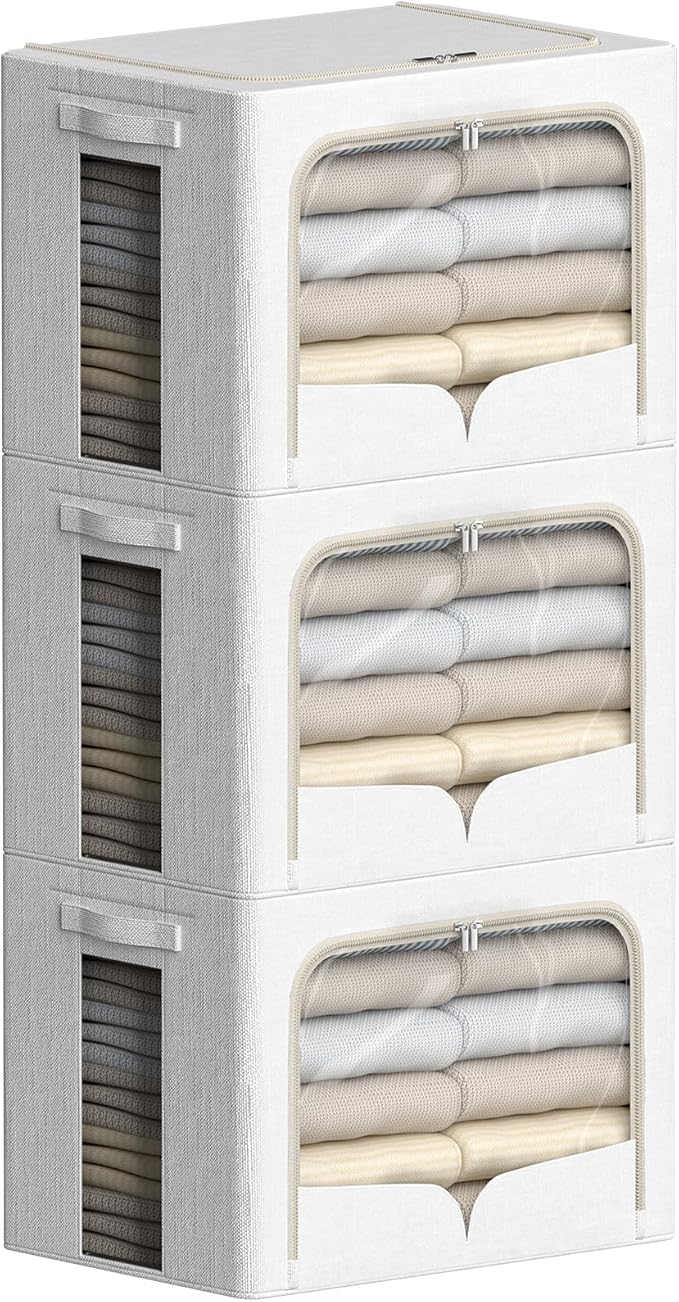 3 Pack Clothes Storage Bins Foldable Metal Frame Storage Box Stackable Linen Fabric Container Organizer Set with Carrying Handles and Clear Window (Cream White, 15.7x11.8x11.8inch(36L))