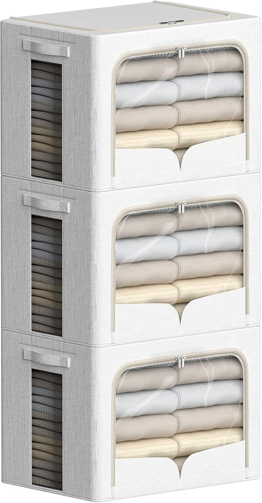 3 Pack Clothes Storage Bins Foldable Metal Frame Storage Box Stackable Linen Fabric Container Organizer Set with Carrying Handles and Clear Window (Cream White, 15.7x11.8x11.8inch(36L))