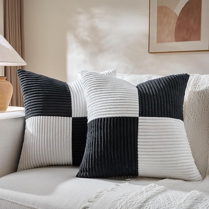 Fancy Homi Set of 4 Black and White Samll Decorative Throw Pillow Covers 18x18 Inch with for Couch Bed Sofa Living Room, Soft Cross Patchwork Striped Corduroy Modern Square Cushion Case 45x45 cm