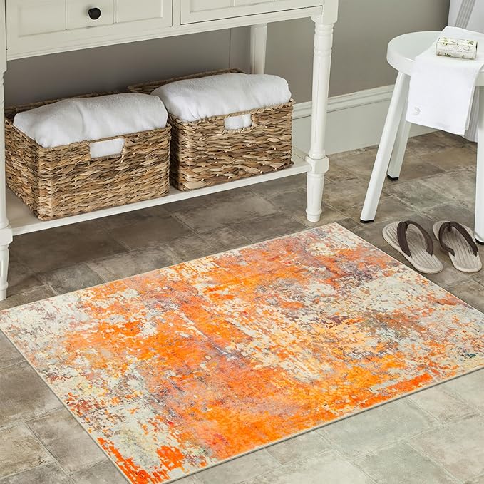 Lahome Modern Abstract Small 2x3 Rug - Washable Kitchen Rugs Non Slip Front Indoor Mat for Entry Bathroom, Contemporary Soft Throw Carpet for Entryway Bedside, Orange/Yellow