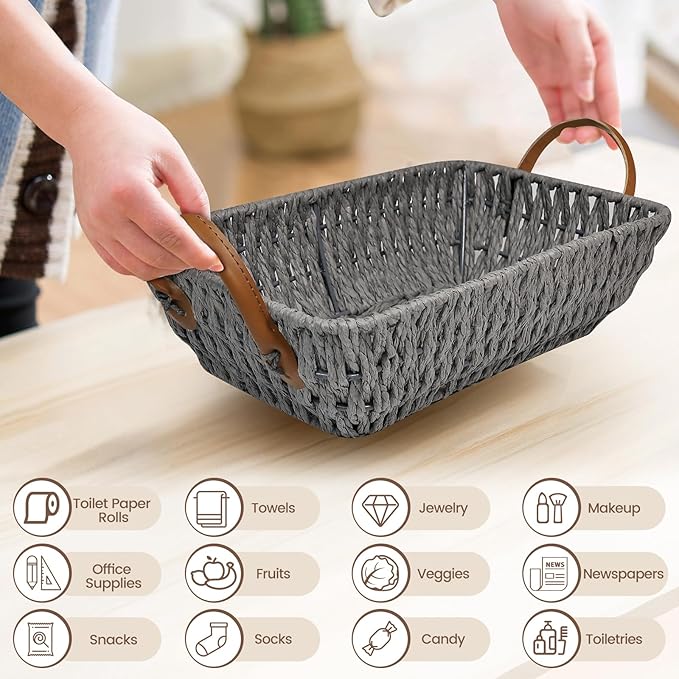 Paper Rope Woven Toilet Paper Basket, Small Wicker Storage Baskets for Organizing with Handles, Bedroom Decor Baskets Toilet Tank Shelf Storage Bins (Set of 2, Grey)