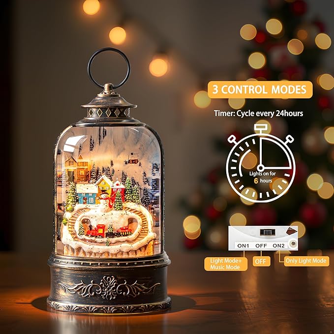 Christmas Snow Globe Lantern Water Glittering Snowman & Train with Music & Timer, USB Lined/Battery Operated Lighted Lantern for Christmas Festival Decoration Gifts