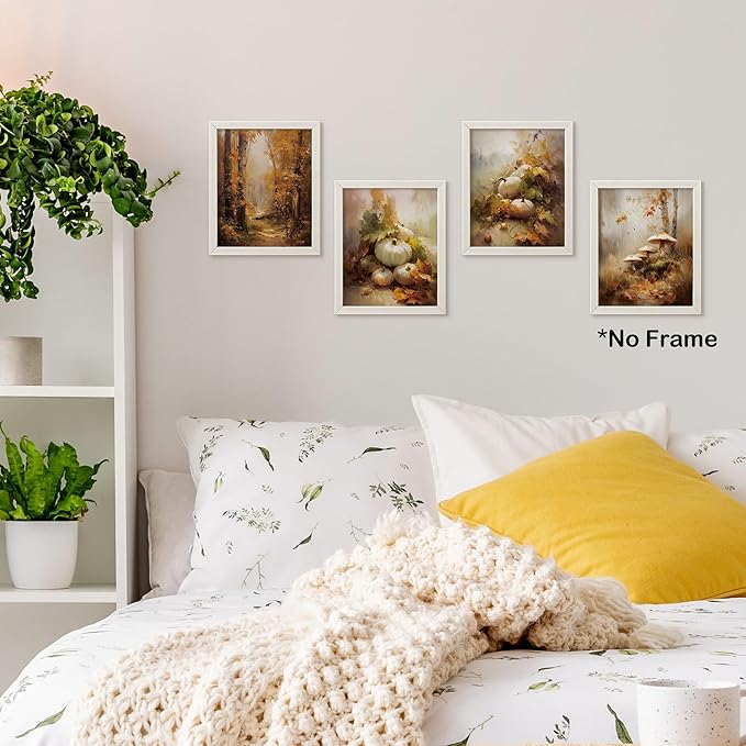 TLESKE Fall Vintage Forest Landscape Posters Prints Unframed 8x10 Set of 4, Autumn Pumpkins Mushroom Wall Art Prints Decor for Farmhouse Bedroom Living Room, Cottagecore Rustic Wall Pictures