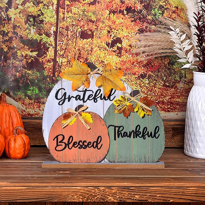 Fall Decoration Signs, Grateful Blessed Thankful Fall Decor for Fireplace and Tabletop Centerpiece Cozy Wooden Rustic Pumpkin Design for Halloween, Thanksgiving, and Autumn Holiday Indoor (3pcs)