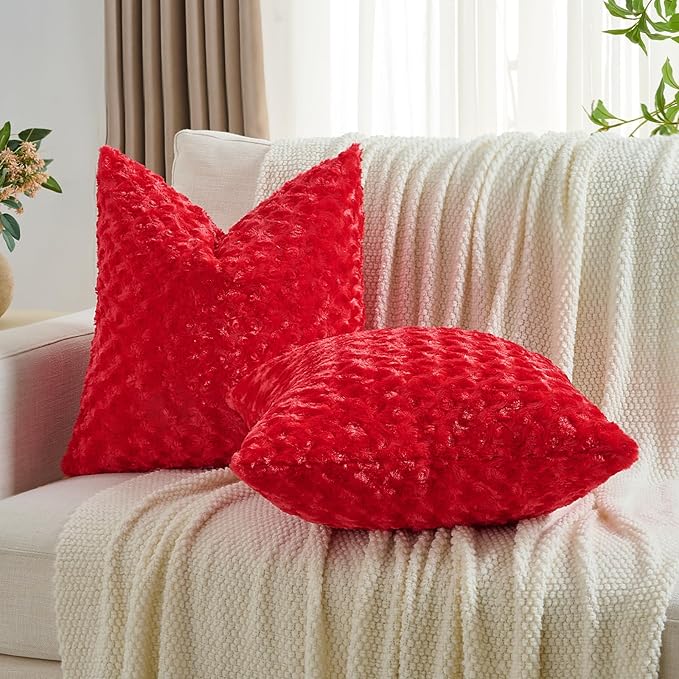 FUTEI Red Decorative Throw Pillow Covers 24x24 Inch Set of 2,Soft Solid Rose Textured European Cushion Case,Modern Home Decor for Couch Sofa Bed Living Room