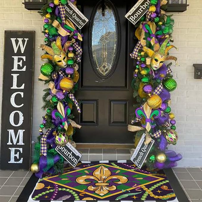 Mardi Gras Welcome Door Mat 30x17 Inch Carnival Fleur De Lis Doormat Indoor Outdoor Entrance Floor Mats Non-Slip Washable Mardi Gras Decor Rugs
