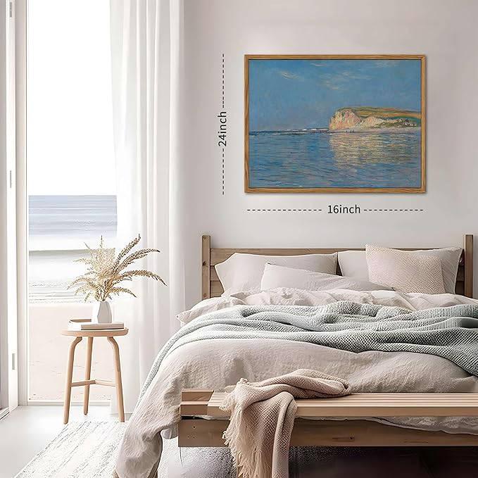 Framed Monet Coastal Wall Art Decor – Impressionist Beach Oil Painting Canvas Prints – Vintage Beachy Landscape Classic Aesthetic Wall Decor for Living Room Bedroom Bathroom – 16"x24"