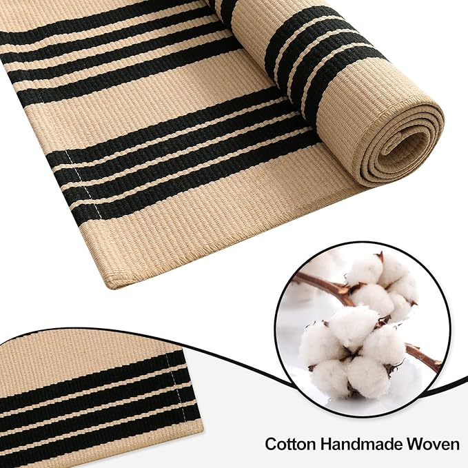OJIA Fall Outdoor Rug 3'x5', Black and Tan Area Rug Machine Washable Rugs Cotton Hand Woven Entry Rug Indoor Outdoor Striped Carpet for Front Porch/Deck/Backyard/Camping/Living Room