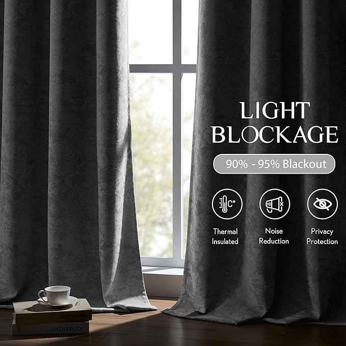 Beauoop Grey Floral Jacquard Blackout Curtains 96 Inches Long 2 Panels for Bedroom Living Room Chenille Flower Room Darkening Thermal Insulated Soundproof Rod Pocket Back Tab Window Drapes, 52x96