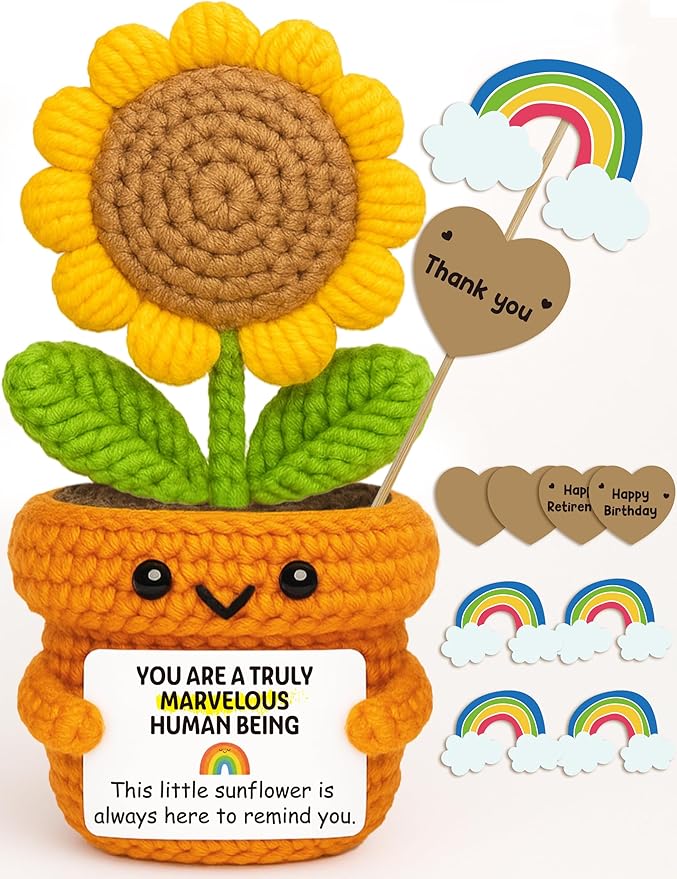 Affirmation Crochet Sunflower Gift with Positive Vibes Card – Marvelous Human Being Reminder for Coworker, Teacher, Employee, Boss, Friend – Birthday, Thank You, Farewell Gifts for Women, Men