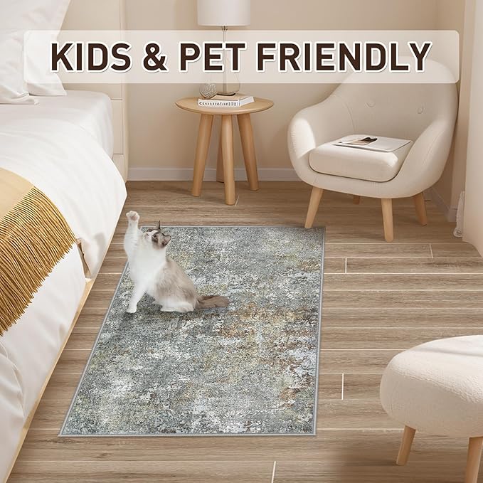 Machine Washable Area Rugs 2x3: Small Entryway Rug with Non Slip Backing Non Shedding Stain Resistant Abstract Carpet for Living Room Bedroom Kitchen Laundry Under Dining Table - Gray