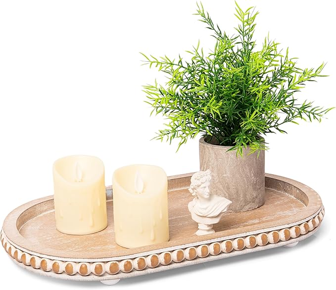 HPC Decor 15in Oval Tray for Home Decor - Brown Wood Beaded Tray - Decorative Serving Tray,Rustic Farmhouse Wooden Trays for Vintage Centerpiece,Kitchen Counter,Living Room Decor,Coffee Table Decor.