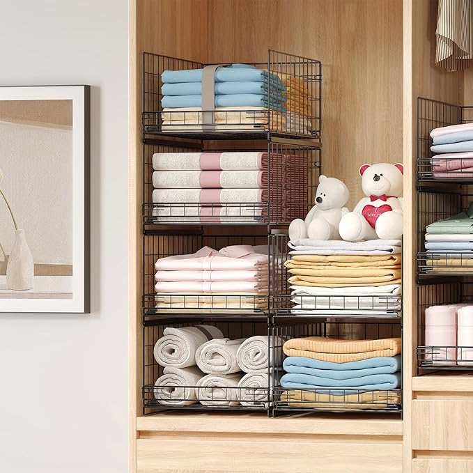 JKsmart 3-Tier Stackable Closet Organizers and Drawer Storage Shelves - Sliding Storage Bins for Jeans, Pants, and Sweaters - Wardrobe Cupboard Organizer for Closet Organization-Black