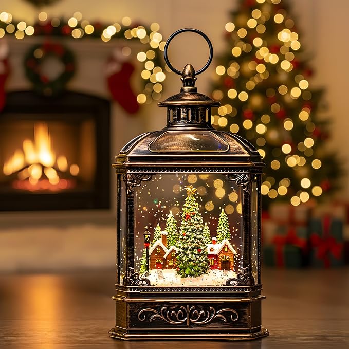 Christmas Snow Globe Lantern Water Glittering Xmas Village with Music & Timer, USB Lined/Battery Operated Lighted Lantern for Christmas Festival Decoration Gifts