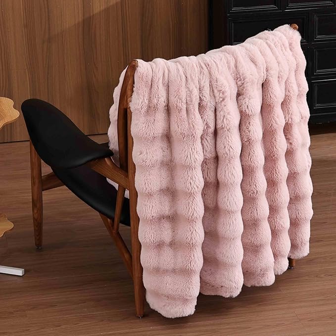 Faux Fur Throw Blanket Light Pink Fluffy Fuzzy Soft Bubble Throw Blanket 90x90 for Bedroom Couch Sofa Cozy Thick