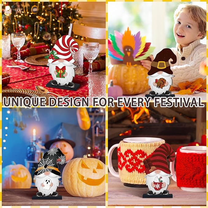 Blulu Interchangeable Wooden Gnome Decor DIY Holiday Seasonal Fall Gnomes Halloween Tiered Tray Decoration with Magnet Pieces Halloween Welcome Sign for Holiday Decorations(Fresh)