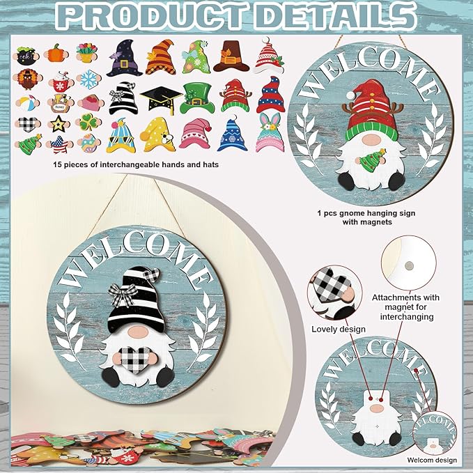 Qunclay Interchangeable Wooden Gnome Decor Holiday Seasonal Gnome Decorations with Magnet Pieces and Detachable Hats Changeable Welcome Sign for Home(Blue Style)