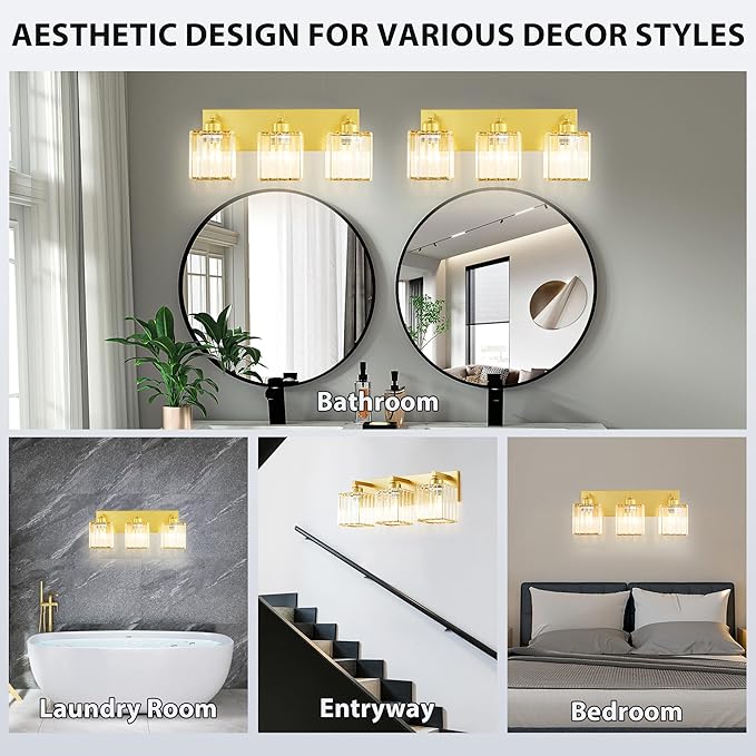 Bathroom Vanity Light Fixtures Over Mirror - Makeup Lighting Pure Gold - for Modern Wall, Bath, Desk, Farmhouse, Hallway 3 Crystal Lights