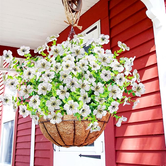 Agusbagli 10 Bundles Artificial Flowers Outdoor UV Resistant Fake Flowers No Fade Faux Plastic Greenery Shrub Plants for Wedding Home Garden Window Box Fireplace Thanksgiving Christmas Decor, White