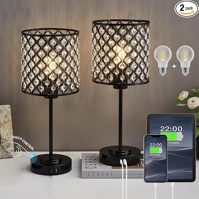 Touch Control Crystal Table Lamp Set of 2, Black Bedside Nightstand Lamps with USB-C+A Charging Ports 3-Way Dimmable Crystal Decorative Desk Lamp for Bedroom Guest Room Living Room, Bulbs Included