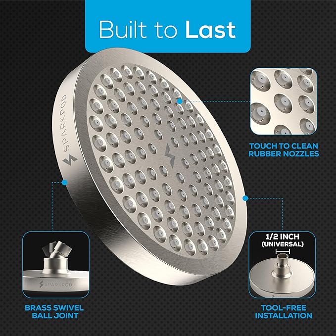 SparkPod Shower Head - High Pressure Rain - Premium Quality Luxury Design - 1-Min Install - Easy Clean Adjustable Replacement for Your Bathroom Shower Heads (Elegant Brushed Nickel, 6 Inch Round)