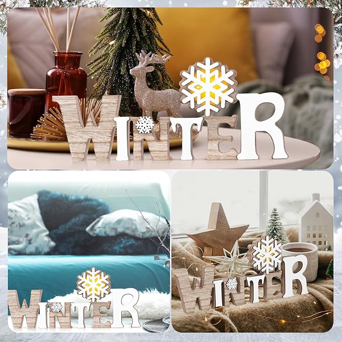 Geetery Winter LED Wooden Sign Rustic Wooden Words Sign Tabletop Centerpiece Decor Winter Snowflake Decorations for Table Home Indoor Party