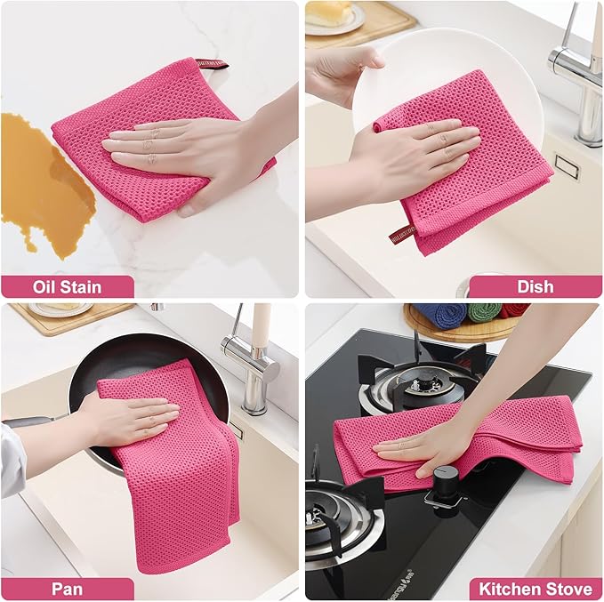 Homaxy 100% Cotton Kitchen Towels and Dishcloths Set, 12 x 12 Inches and 13 x 28 Inches, Set of 8 Bulk Kitchen Towels Set, Ultra Soft Absorbent Dish Cloths for Washing Dishes, Hot Pink