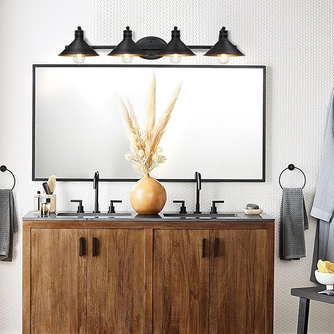 4 Light Bathroom Vanity Light Over Mirror - Black and Gold Farmhouse Wall Light for Bathroom Vanity Powder Room, Rustic Goose Neck Barn Style 4 Bulb Wall Sconce Over Kitchen Sink
