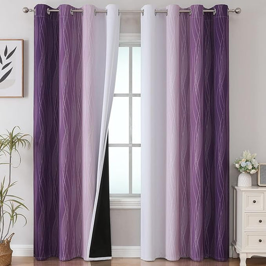 Estelar Textiler Purple and Grayish White Blackout Curtains 108 Inches Long, Thermal Insulated Drapes for Bedroom, Full Light Blocking Energy Saving Long Curtains for Living Room, 52Wx108L, 2 Panels