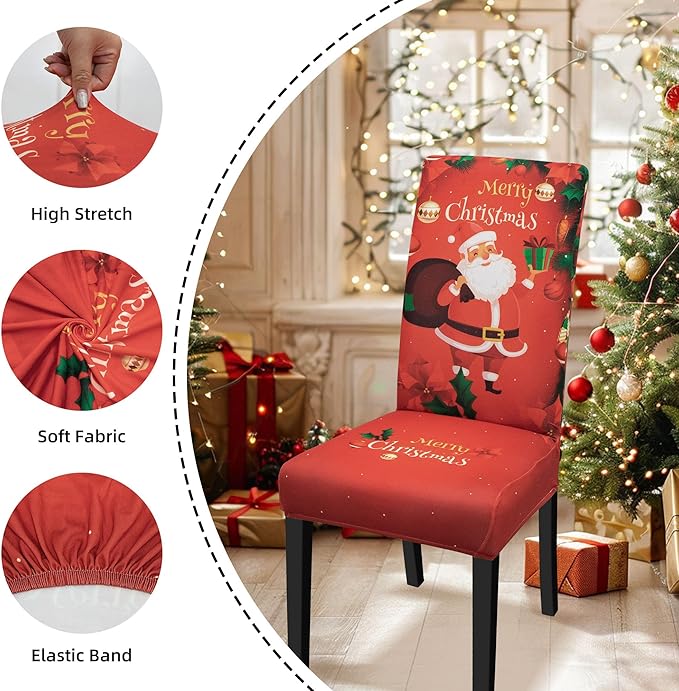 Christmas Chair Covers for Dining Chairs, Dining Room Chair Covers Set of 4, Stretch Parsons Chair Slipcovers, Removable Washable kitchen Chair Cover for Home Hotel Banquet Holiday Decoration