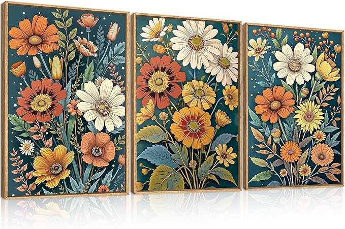 HOURIA Retro Boho Flower Framed Canvas Wall Art Set,Colorful Wilderness Floral with Green Leaves Wall Decor,Nature Botanical Wall Painting,Vintage Bouquet Art Prints for Living Room, Bedroom-16"x24"x3