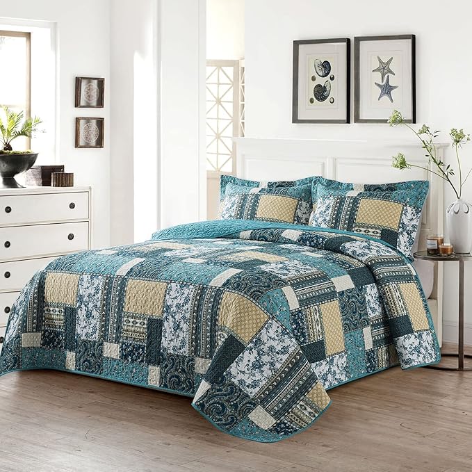 VAPUTAR Quilts King Size - Soft King Quilt Bedding Set with Floral Pattren - 3 Pieces Patchwork Cotton King Bedspreads Set for Farmhouse Bedroom (Dream Blue)